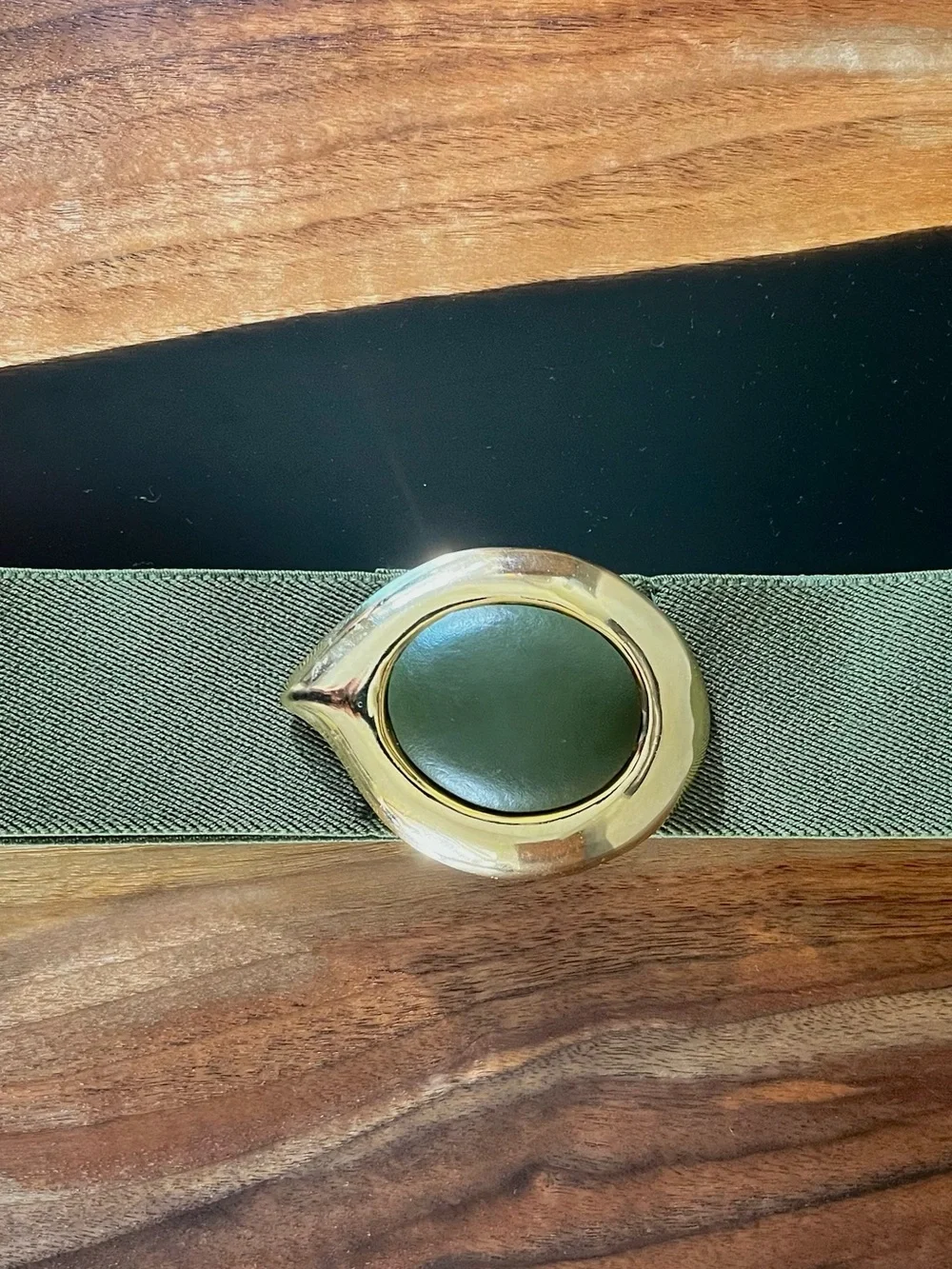 Vintage 80s Day-Lor Gold-Tone Buckle Elastic Belt w/ Olive Green Leather Center